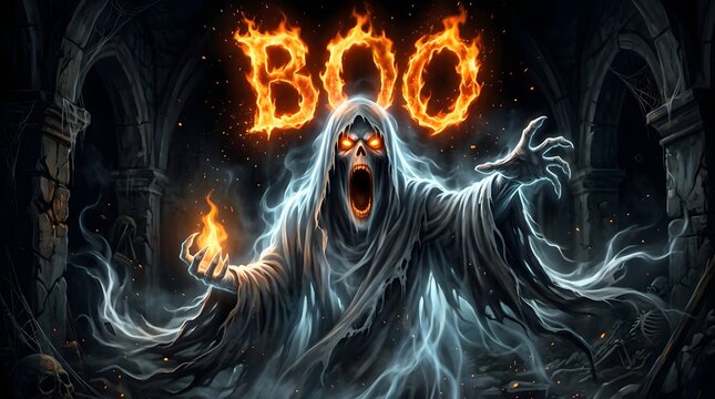 Terrifying ghost spirit in a dark dungeon with flaming letters boo and fire effects, cinematic horror atmosphere for halloween