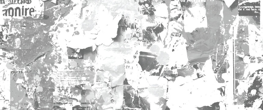 Torn weathered posters on a wall with visible text and paint splatters in grayscale paper