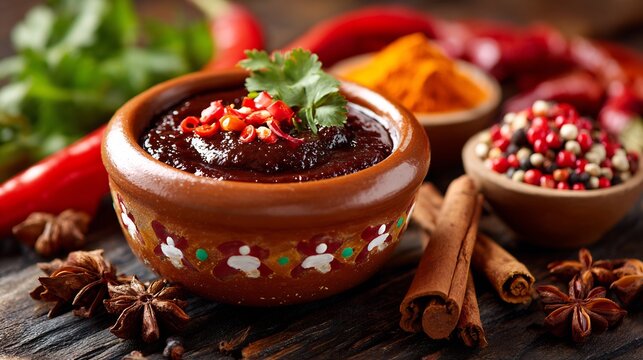 Aromatic dark mole sauce in a painted clay bowl with cinnamon, star anise and colorful peppercorns