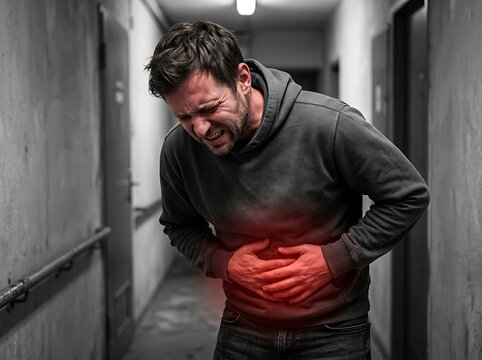 A man is experiencing intense abdominal pain and is leaning against a hallway wall demonstrating significant discomfort and visible suffering from illness