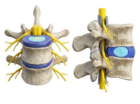 A highly detailed anatomical illustration depicts human vertebrae with visible spinal cord nerves and intervertebral discs shown in both anterior and lateral perspectives