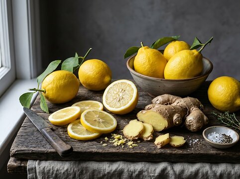 A beautiful still life composition featuring fresh vibrant lemons and ginger root artfully arranged on a rustic wooden surface illuminated by soft natural window