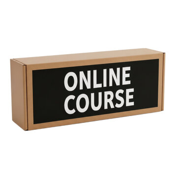 A sleek cardboard box with a black label prominently displaying the words Online Course in bold white font against a clean white background