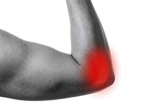 A human arm is shown with localized pain and inflammation clearly visible around the elbow joint area highlighted in red on a grayscale background