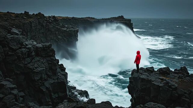 Person in red jacket watches a massive wave crash on a dramatic rocky coast.