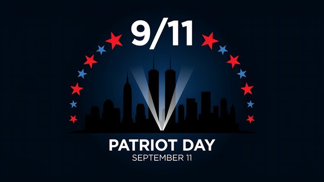 Patriot day graphic depicts twin tower silhouettes with circular stars and 9 11 typography for annual remembrance and memorial commemorative events in urban style.