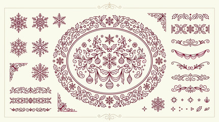 Naklejka premium Elegant Christmas Decorative Elements, Snowflakes, Ornaments, Swirls