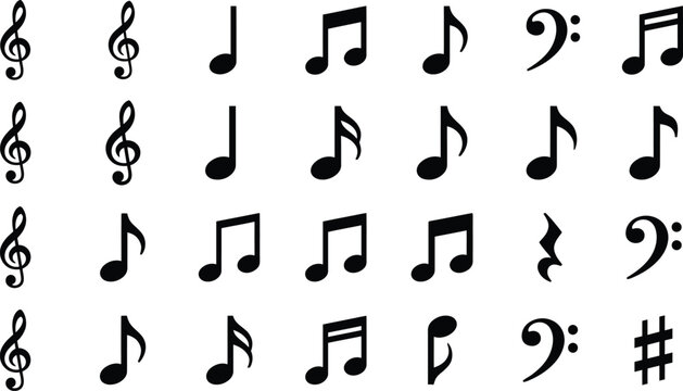 Musical Notes and Notation Icon Set: Treble Clef, Bass Clef, Eighth Note, Quarter Note, Sixteenth Note, Sharp, and Rest Symbol Solid Vector Icons for Music Production and Audio UI