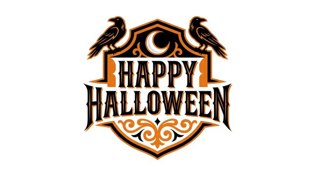 Vintage style happy halloween emblem featuring two black ravens and a crescent moon on white background