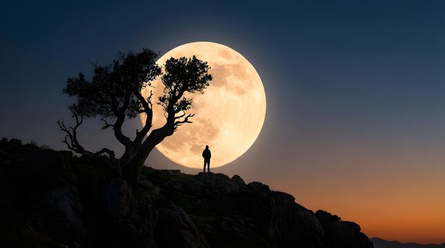 A silhouette of a person standing on a hill under a large glowing full moon night