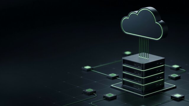 Cloud computing server architecture with glowing green neon circuits representing data connectivity and storage solutions for modern scalable digital infrastructure.