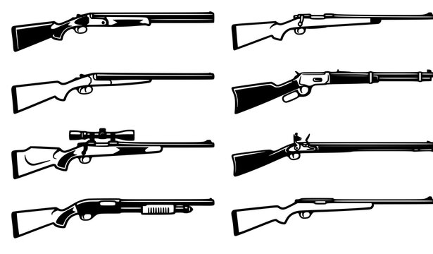 Vintage and Modern Rifle Outline Icon Set with Hunting, Bolt Action, Lever Action, Scope, and Firearm Designs