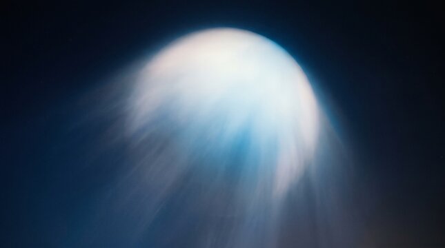 Illuminated sphere with radiating light trails against a dark navy background