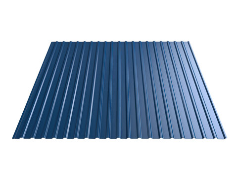 Blue corrugated metal sheet roofing panel isolated on white background