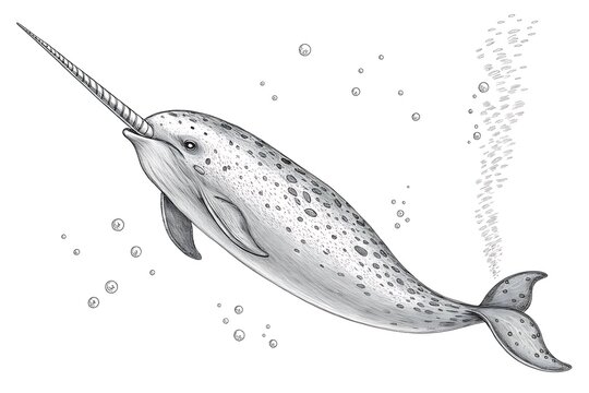 Narwhal swimming in ocean water with bubbles