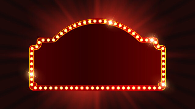Retro Marquee Light Sign Frame with Glowing Bulbs, Vintage Theater Cinema Blank Banner on Red Background Vector Illustration