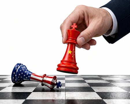 Hand moving red chess piece over fallen blue flag patterned king piece