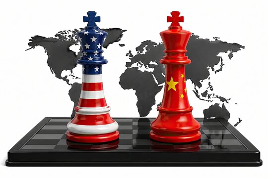 American and chinese flag chess kings on a board against world map