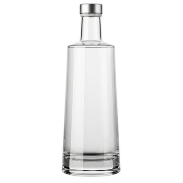 modern minimalist clear glass bottle with sleek silver cap against pure white background