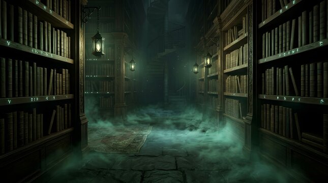 An eerie and atmospheric halloween background depicting a ghostly abandoned library filled with ancient books and a mysterious chilling ambiance perfect for spooky designs