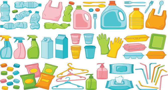 Plastic Waste and Single-Use Items Vector Set with Water Bottles, Shopping Bags, Cutlery, Detergent Containers, Spray Bottles, and Straws for Recycling and Environmental Graphic Designs