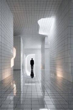 Minimalist interior with white ceramic tiles and black grout, geometric volumes, seamless walls and floor, human figure integrated, surreal gallery-like space, soft light