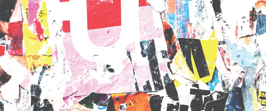 Torn paper collage abstract background with bright red pink yellow blue and black colors