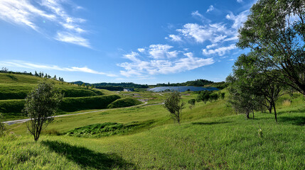Obraz premium A Vast Scenic Landscape Photograph of Lush Green Hills, Open Meadows, and Scattered Trees Under a Bright Blue Sky with Wispy White Clouds