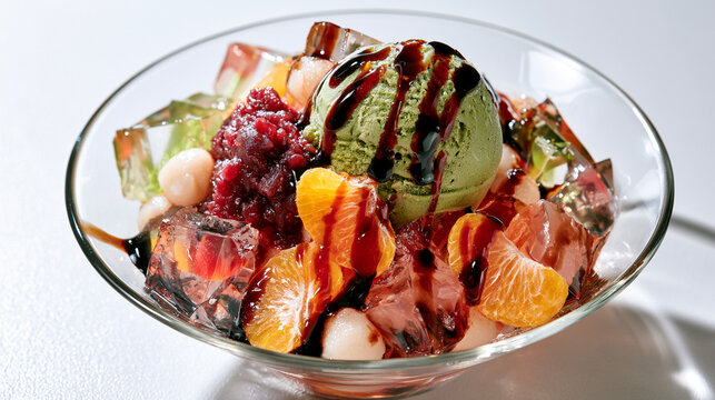A Refreshing Japanese Dessert Photograph of Anmitsu, Sweet Gelatin Cubes Topped with Match Ice Cream, Red Bean Paste, Mandarine Oranges, Mochi Balls, and Kuromitsu Syrup in a Glass Bowl