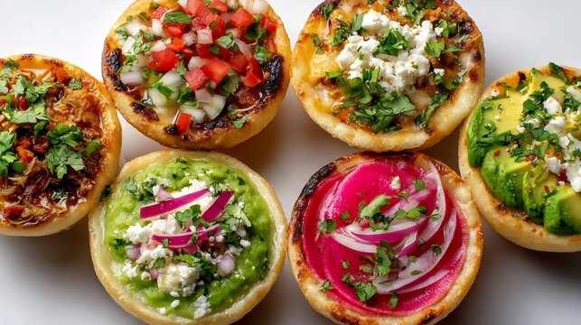 Assortment of Traditional Corn Sopes with Fresh Avocado and Tomato Toppings on White Background