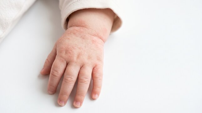 Close Up of Infant Baby Hands with Atopic Dermatitis Eczema Rash on Wrists with Copy Space