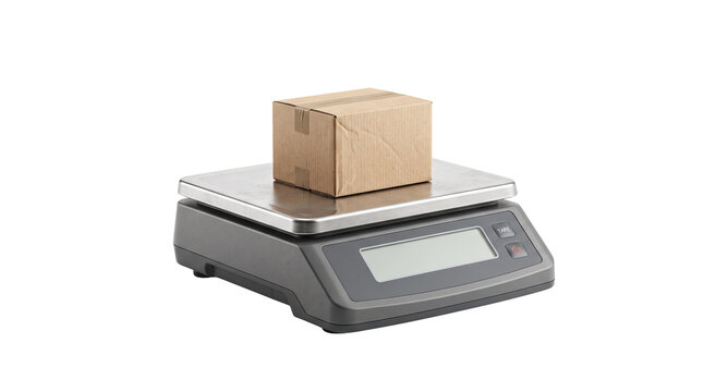 Industrial digital shipping scale with cardboard box, electronic weighing machine for logistics, parcel weight measurement tool
