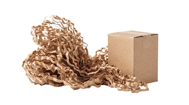 Eco-friendly brown cardboard box with shredded paper filler, sustainable packaging materials for shipping, recycled parcel box on white background