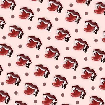 Halloween seamless pattern with vampire mouths, red lips and sharp fangs background