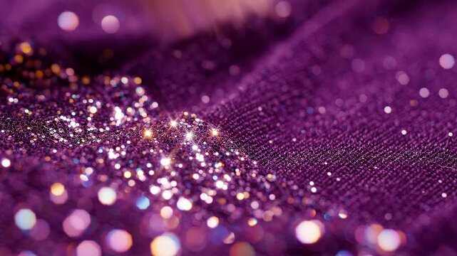 Sparkling glitter on purple fabric background. Luxury shimmer texture with bokeh light and star shine. Abstract festive backdrop for fashion and celebration design.
