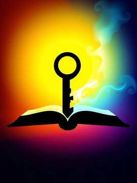 A stylized open book silhouette with a key inside, symbolizing unlocking new ideas and perspectives, ||knowledge, unlock
