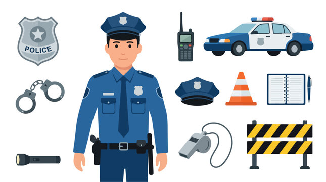 Vector Illustration of Police Officer and Law Enforcement Equipment in Modern Flat Style