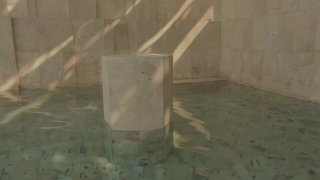 Sunlight reflections on clear swimming pool water surface with stone wall background
