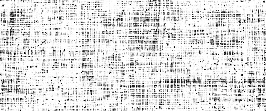 Black dots and irregular shapes scattered across a white background with a subtle grid pattern abstract