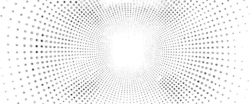 Black and white radial pattern of small hexagonal shapes fading into white space abstract background