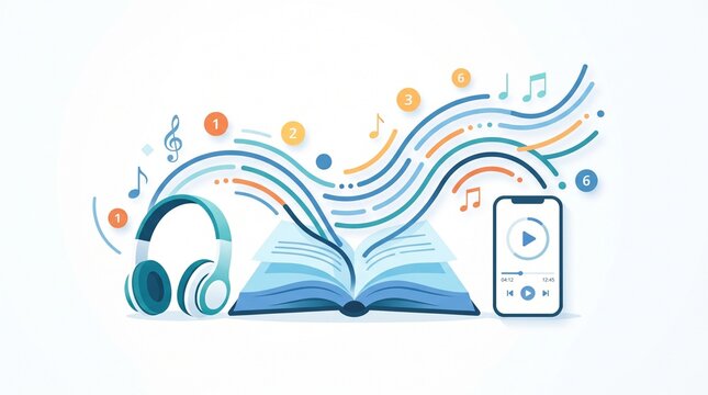 Audiobook listening concept with open book, headphones, smartphone and flowing sound waves, clean flat design illustration for digital reading and audio content