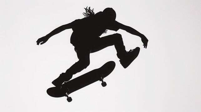 Skateboarder performing a trick in mid-air against a white background.