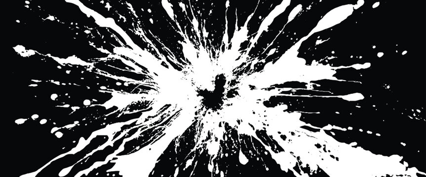 Black and white abstract paint splatter explosion radiating from center on dark background blast blob