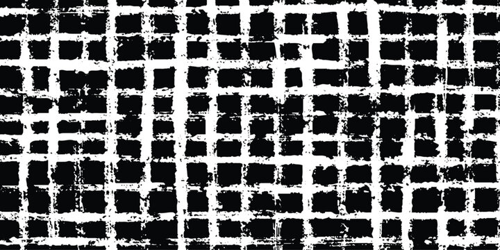 Black and white grunge grid pattern with rough textured squares and lines abstract background
