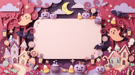 Fototapeta premium Cute 3D Halloween Candy Village Frame with Ghosts, Pumpkins, Bats and Blank Copy Space