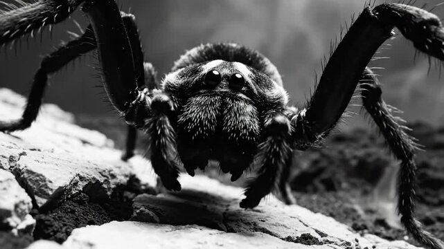 Black and white close-up of a tarantula spider on a rock surface with a smoky background