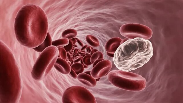 Microscopic view of a white blood cell, or leukocyte, moving along with red blood cells through a blood vessel, illustrating immune system functions and hematology concepts