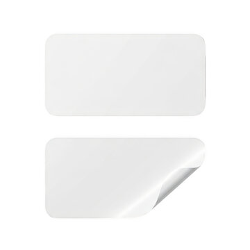 Blank white rectangular sticker labels with curled corner isolated on transparent background