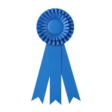 Blue ribbon award rosette with three hanging tails isolated on transparent background