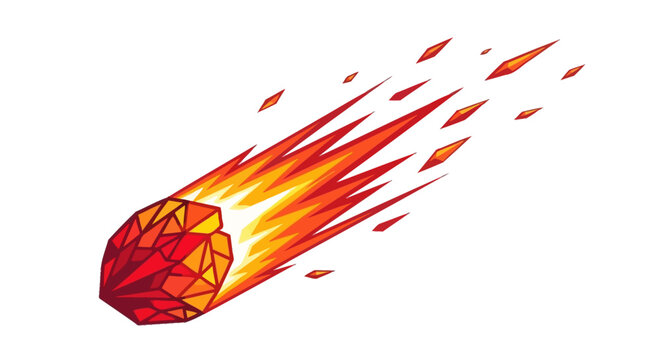 Stylized vector illustration of a flaming meteor falling through the atmosphere with a trailing fire tail and glowing light effects, isolated graphic design element in EPS format.